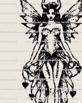 Hand-drawn gothic fairy tattoo stencil in dotwork blackwork style, digital tattoo design preview showing wings and horn details. 