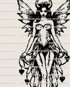 Hand-drawn gothic fairy tattoo stencil in dotwork blackwork style, digital tattoo design preview showing wings and horn details. 