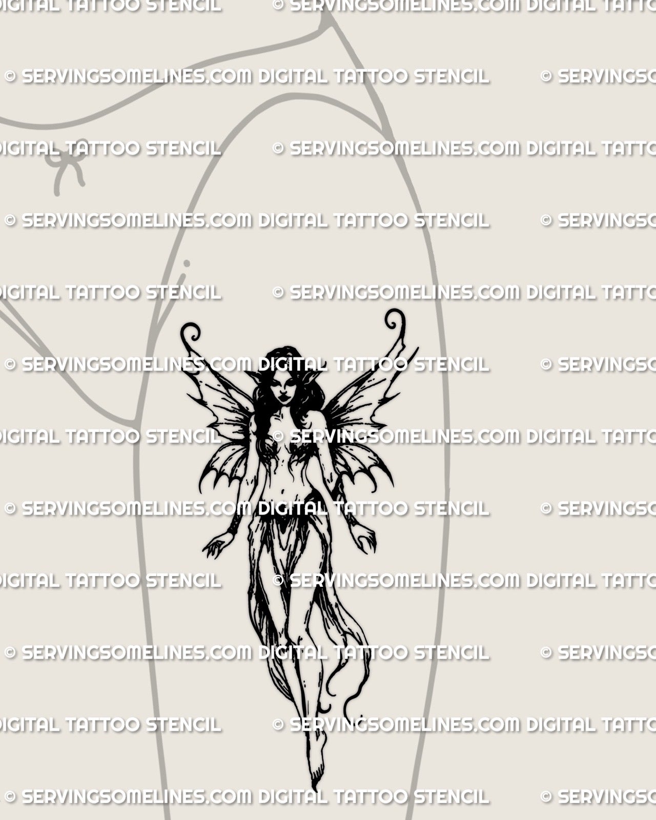Gothic fantasy fairy tattoo on thigh, curled medieval wings and soft fantasy linework shown as a tattoo stencil example for fairycore placements