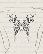 Gothic fairy wings tattoo design placed on upper back, showing a corset-style butterfly with lace ribbon detail in cyber sigil line art style.