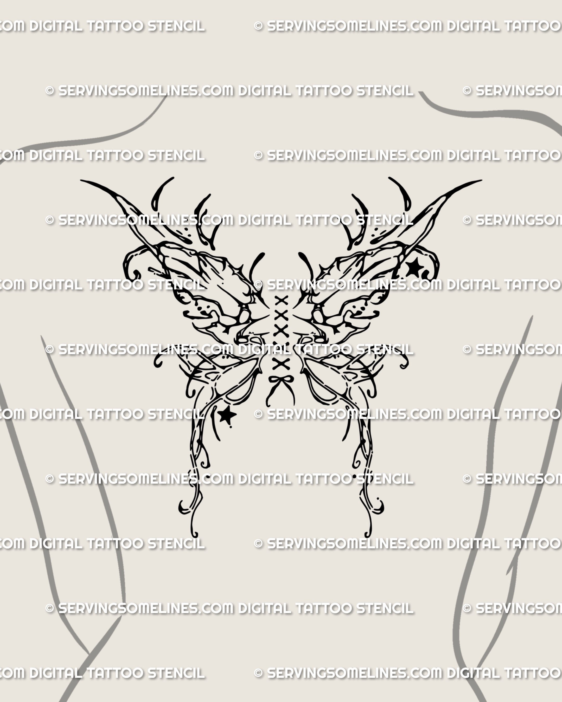 Gothic fairy wings tattoo design placed on upper back, showing a corset-style butterfly with lace ribbon detail in cyber sigil line art style.