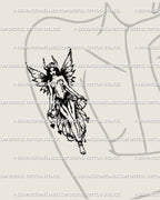 Feminine gothic fairy tattoo stencil for women’s arm, delicate blackwork wings and dot-shaded dress, digital tattoo preview. 