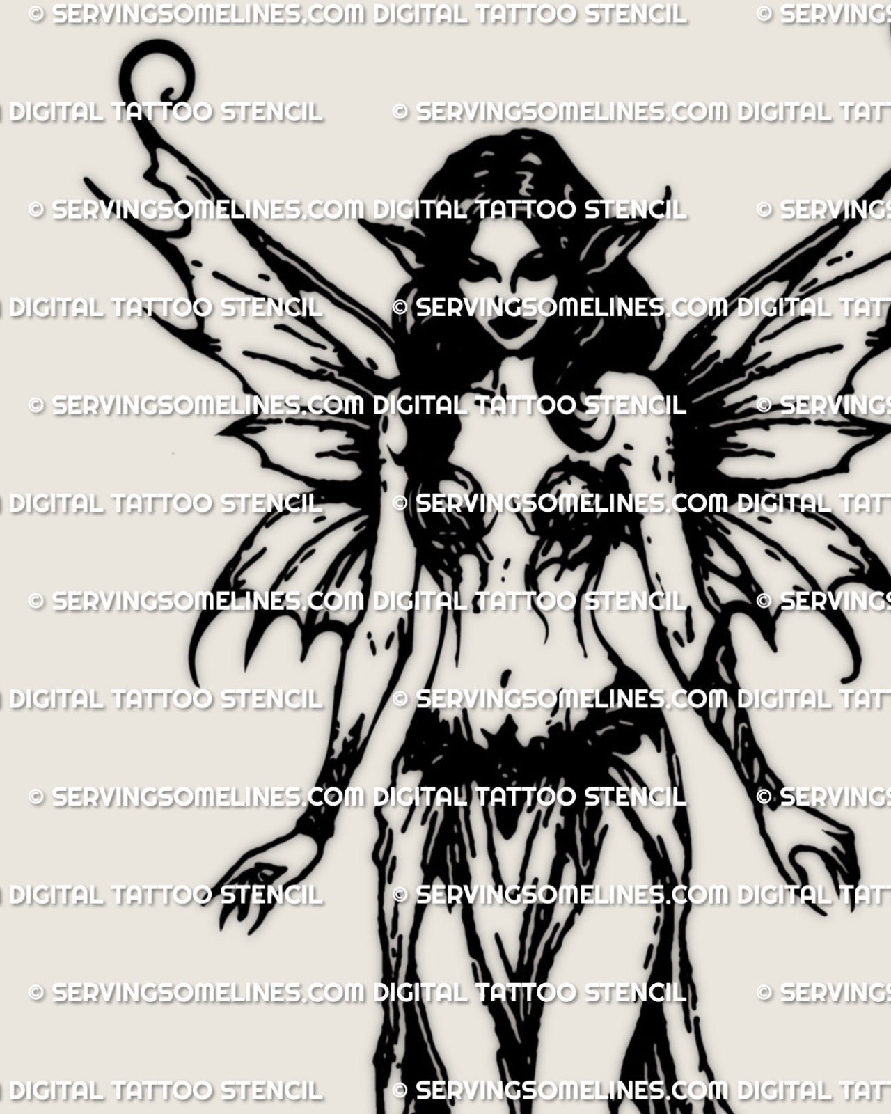 Gothic fantasy fairy tattoo stencil with curled wings and medieval linework, shown as digital artwork for fairycore and elfcore tattoo ideas