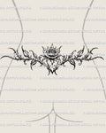 Gothic floral rose tattoo stencil shown on womens lower back placement, ornamental rose linework offered as a digital product for clean tattoo stencil download