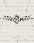 Gothic floral rose tattoo stencil shown on womens lower back placement, ornamental rose linework offered as a digital product for clean tattoo stencil download