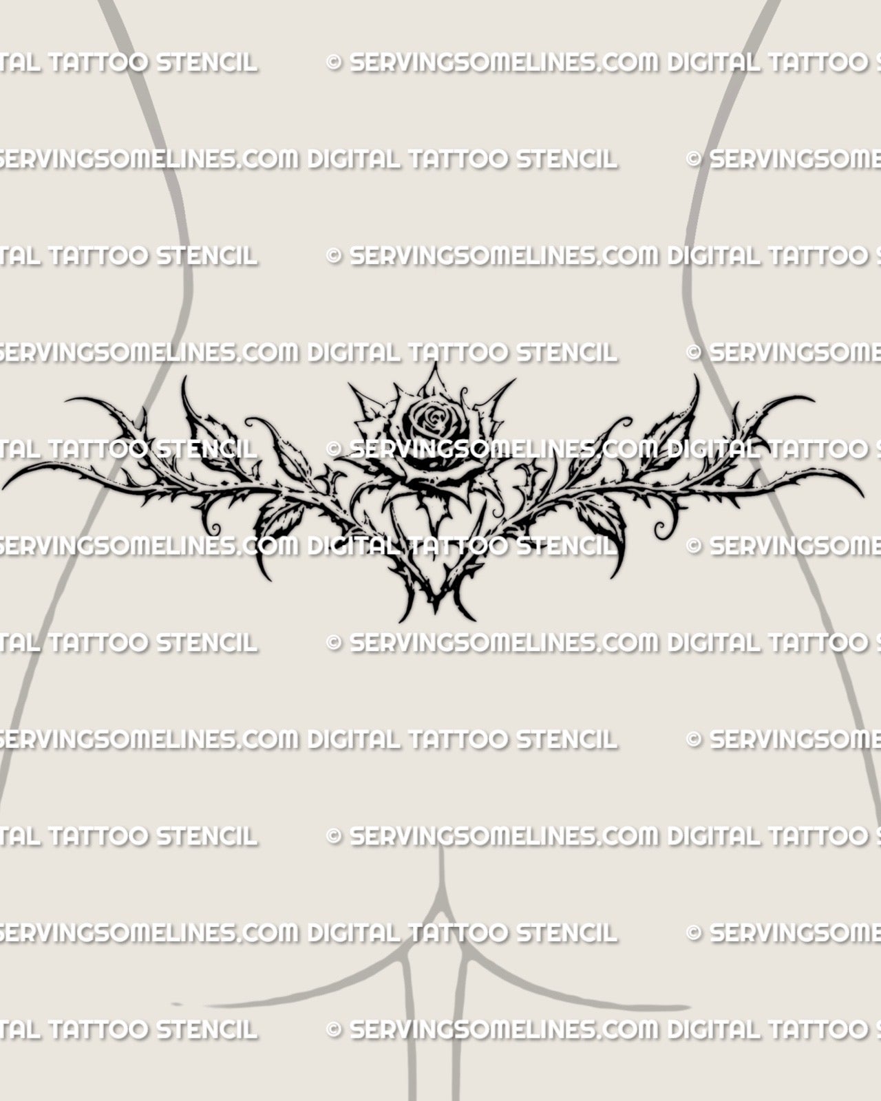 Gothic floral rose tattoo stencil shown on womens lower back placement, ornamental rose linework offered as a digital product for clean tattoo stencil download