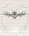 Gothic floral rose tattoo stencil shown on female chest placement, ornamental rose linework design ready for instant download as a tattoo product