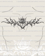Gothic floral rose tattoo stencil shown on female chest placement, ornamental rose linework design ready for instant download as a tattoo product