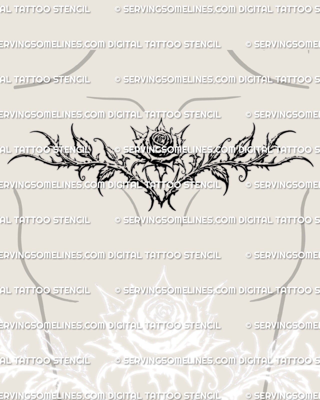 Gothic floral rose tattoo stencil shown on female chest placement, ornamental rose linework design ready for instant download as a tattoo product