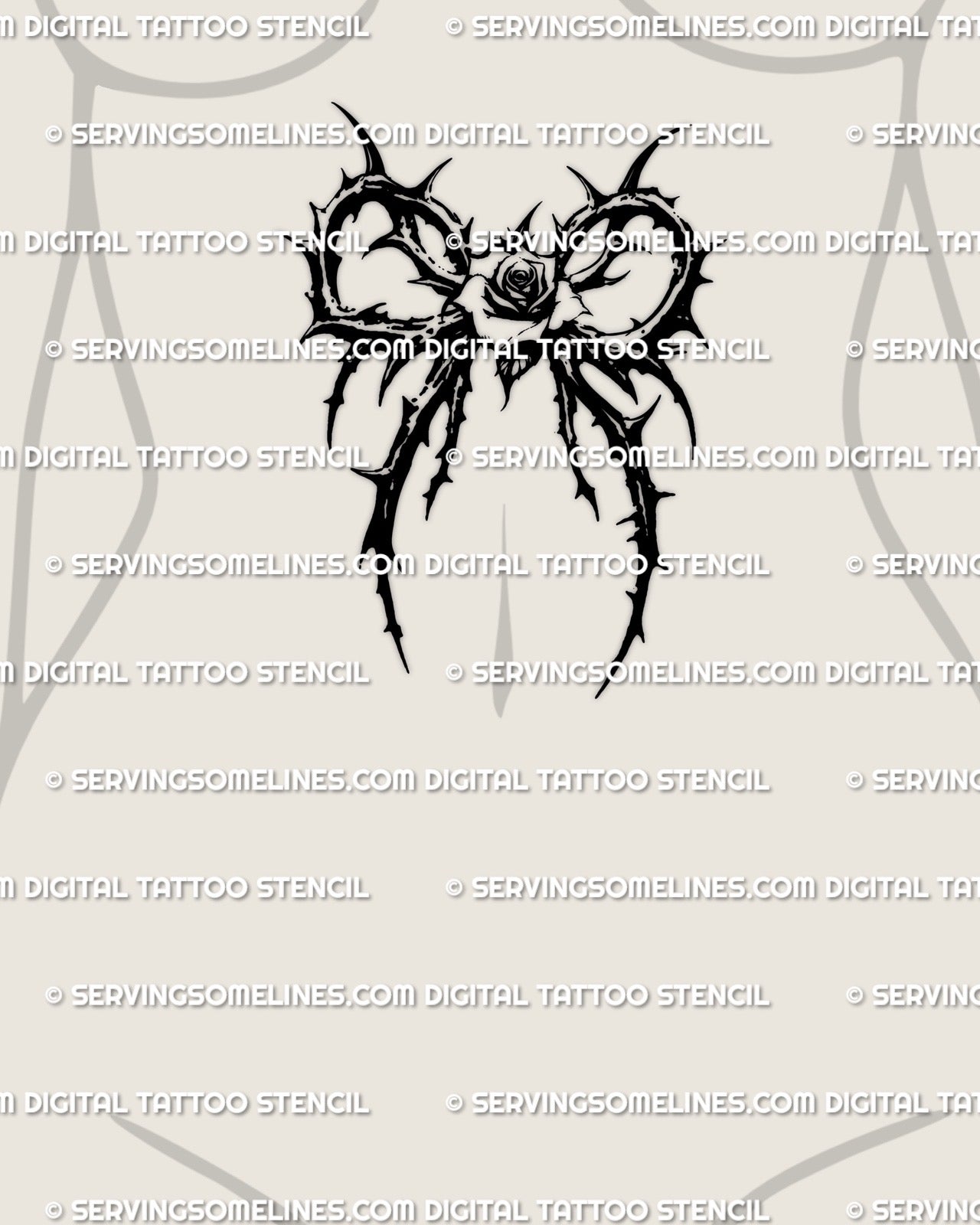 Gothic floral tattoo stencil shown on women’s stomach center placement, dark rose design offered as a clean digital tattoo stencil for buyers