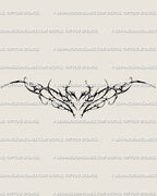 Gothic vine tattoo stencil digital design preview showing thorn-vine tramp stamp outline in floral neotribal cybersigilism style.