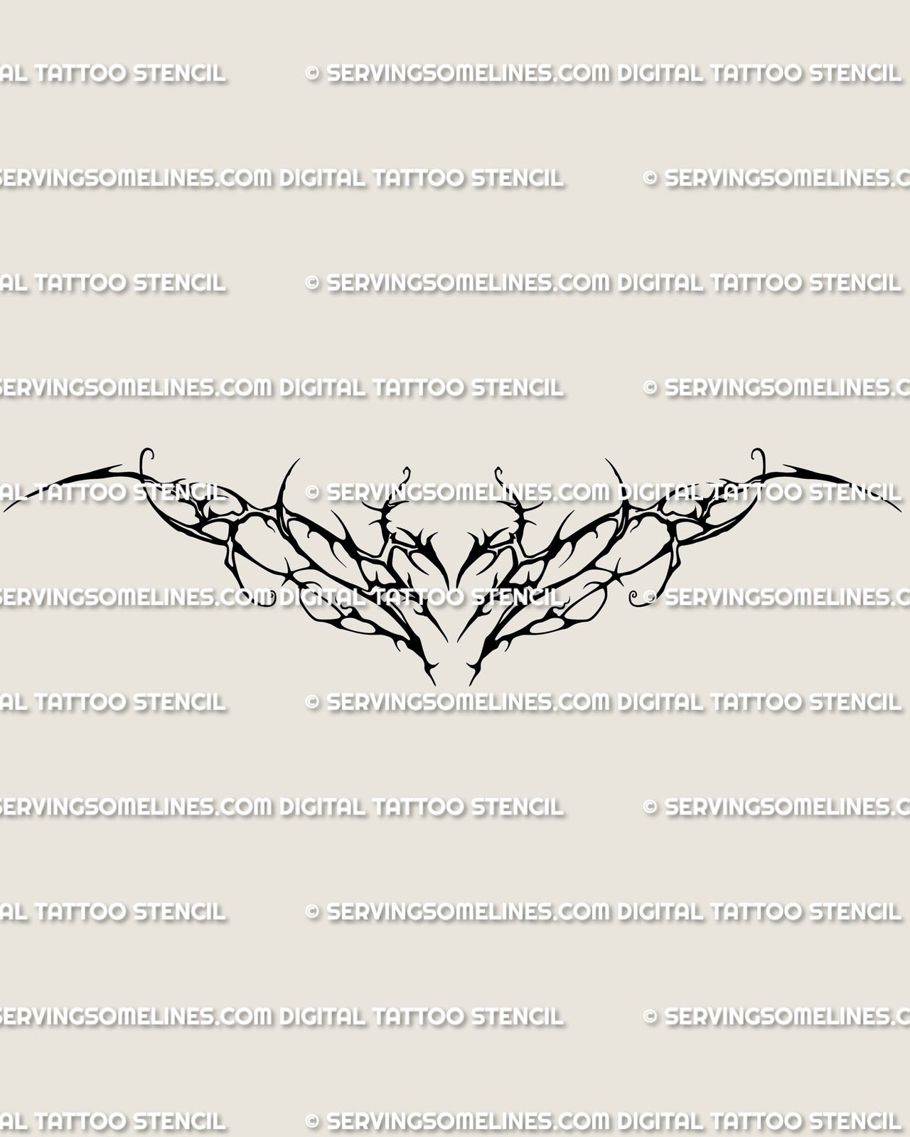 Gothic vine tattoo stencil digital design preview showing thorn-vine tramp stamp outline in floral neotribal cybersigilism style.