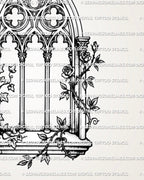 Close view of gothic floral window tattoo stencil with ivy vines, rose branch, slim columns, and arched church frame.