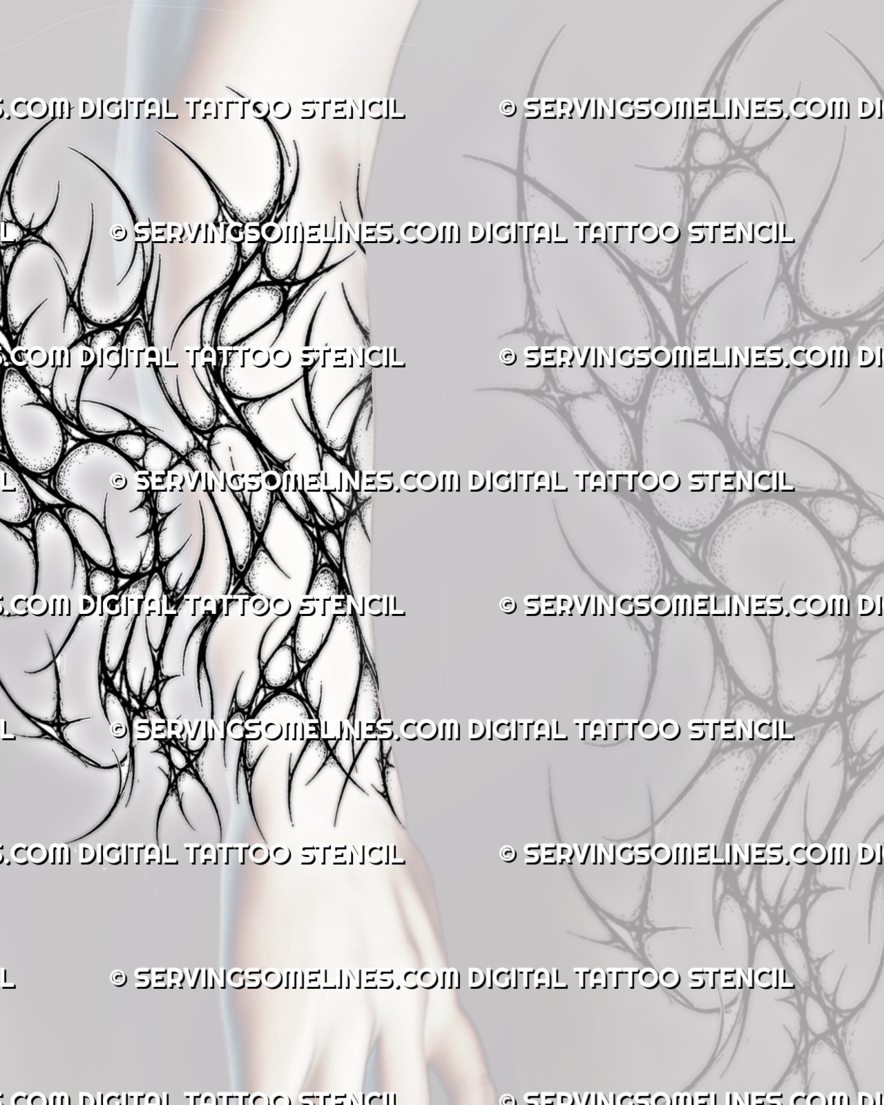 Gothic forearm wrap tattoo stencil displayed on lower arm placement with spiky cyber tribal details

