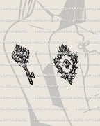 Best friend tattoo set, gothic key on one upper arm and ornate keyhole on the other, paired arm placement example. 