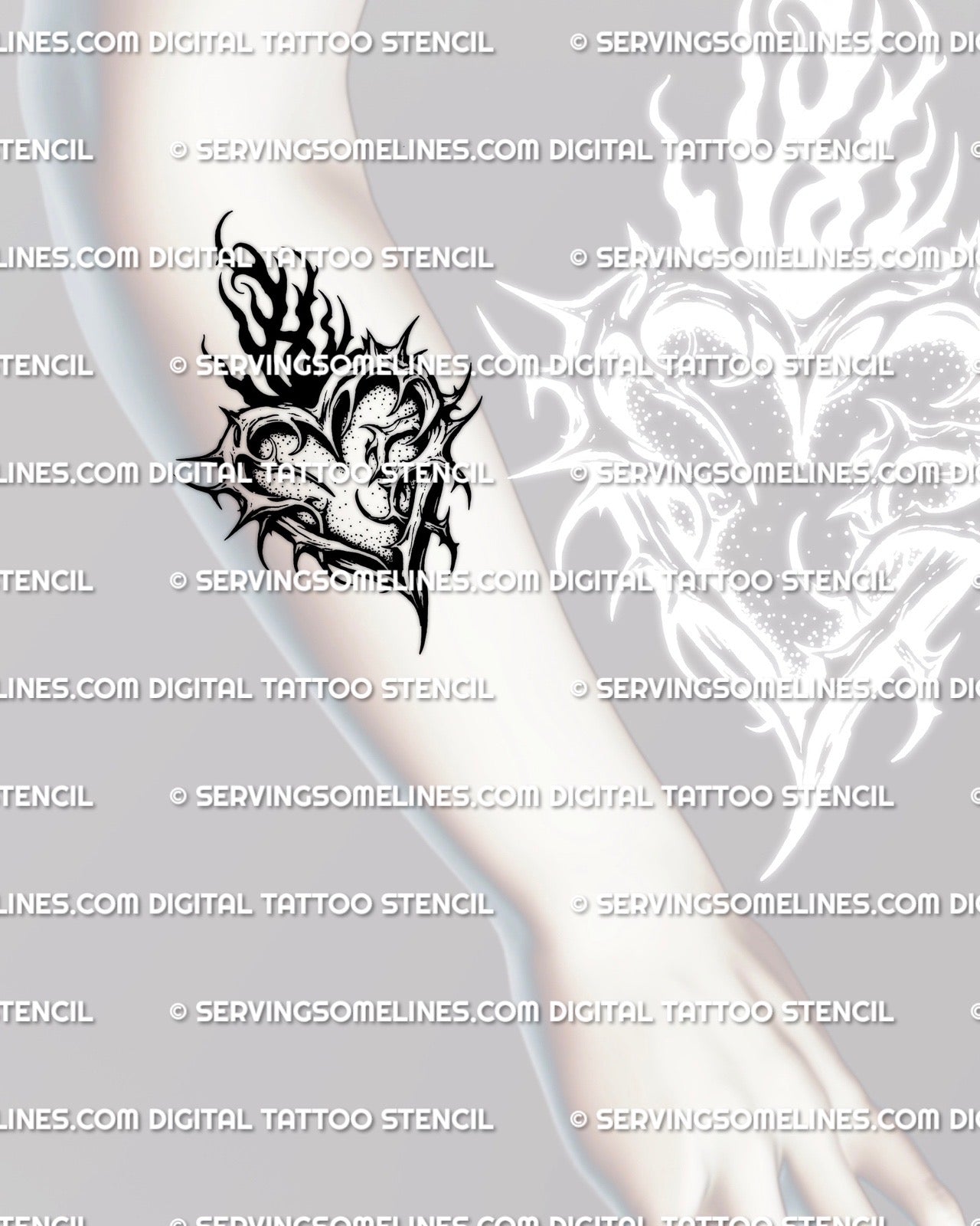 Gothic blackwork heart tattoo stencil displayed on a male forearm placement, bold thorn and flame details shown as a ready to download product file
