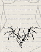 gothic bat wing heart tattoo placed on feminine lower stomach, a gothic tattoo idea for women who like dark gothic tattoo ideas and clean gothic artwork