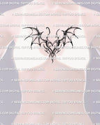 gothic bat wing heart tattoo shown on women’s sternum and center chest placement, a dark gothic tattoo idea for women wanting a bold feminine design
