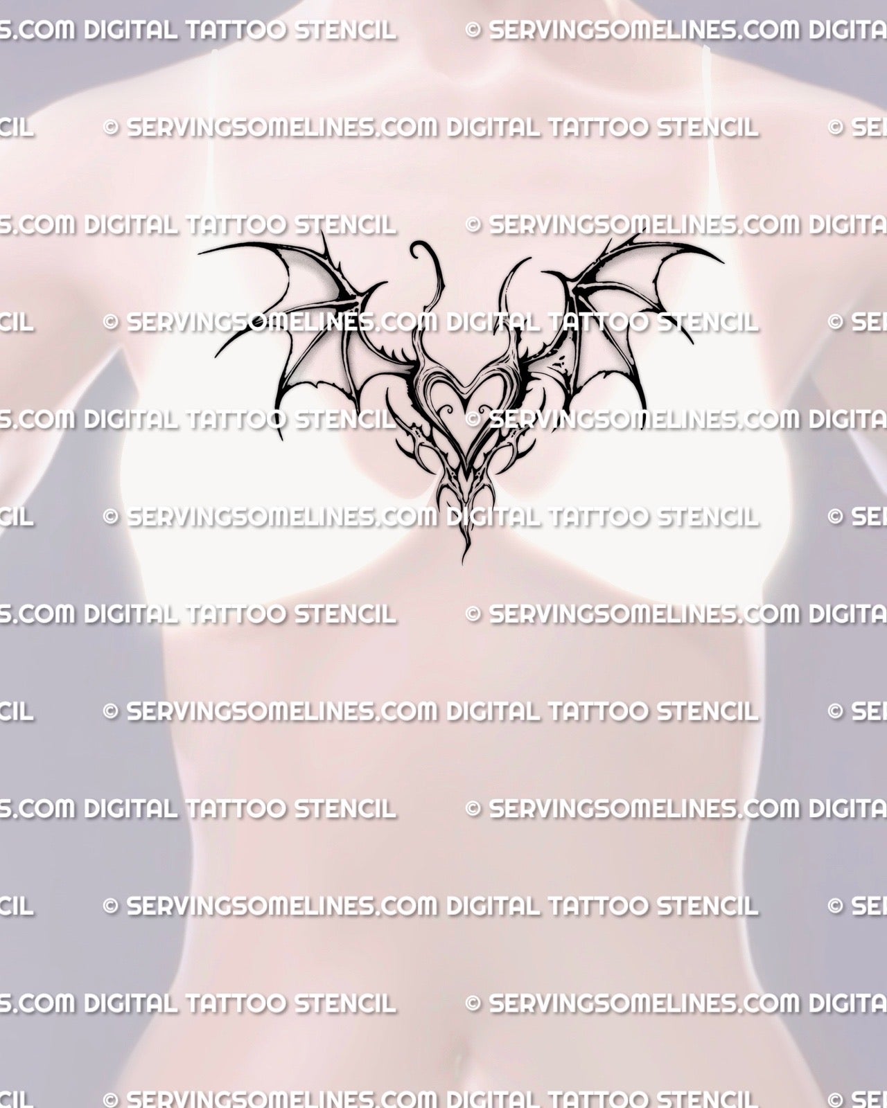 gothic bat wing heart tattoo shown on women’s sternum and center chest placement, a dark gothic tattoo idea for women wanting a bold feminine design
