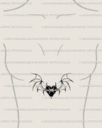 Gothic heart with bat wings tattoo stencil on female sternum, symbolic demon wings heart design with soft spooky detail.