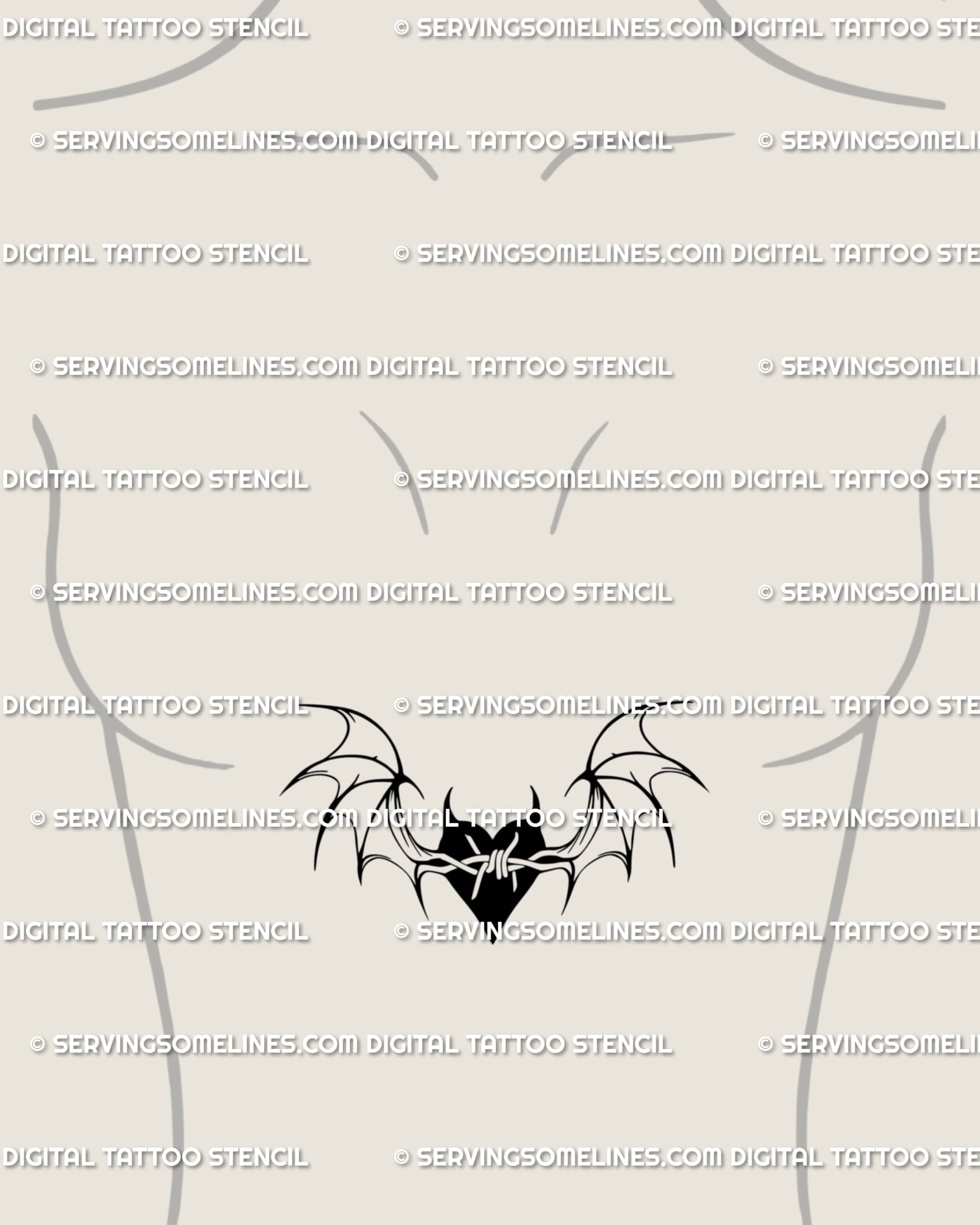 Gothic heart with bat wings tattoo stencil on female sternum, symbolic demon wings heart design with soft spooky detail.
