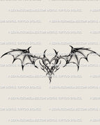 Dark gothic wings and heart tattoo stencil displayed as a digital product, ideal for shoppers looking for a feminine goth lower back or sternum tattoo stencil download