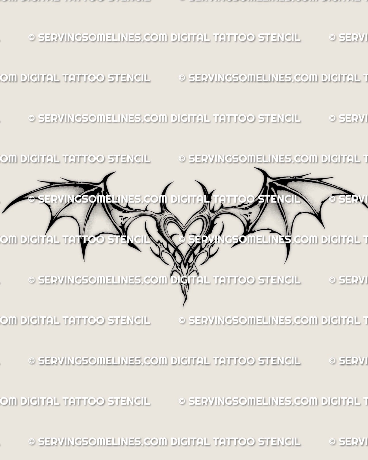 Dark gothic wings and heart tattoo stencil displayed as a digital product, ideal for shoppers looking for a feminine goth lower back or sternum tattoo stencil download