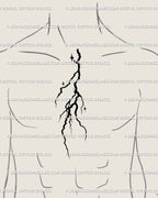 Gothic lightning and stars tattoo design on male chest, bold thunderbolt with celestial emo aesthetic look.