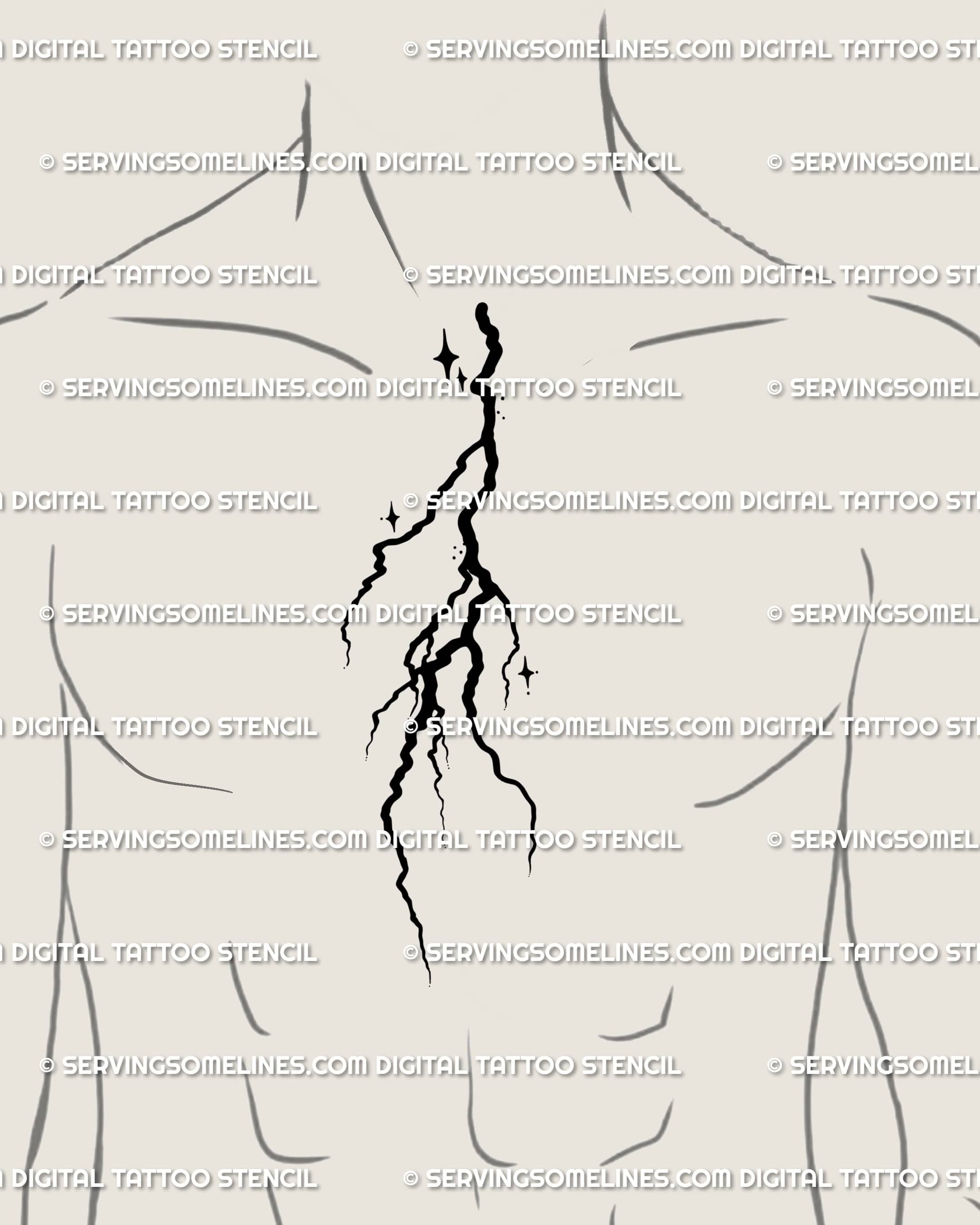 Gothic lightning and stars tattoo design on male chest, bold thunderbolt with celestial emo aesthetic look.