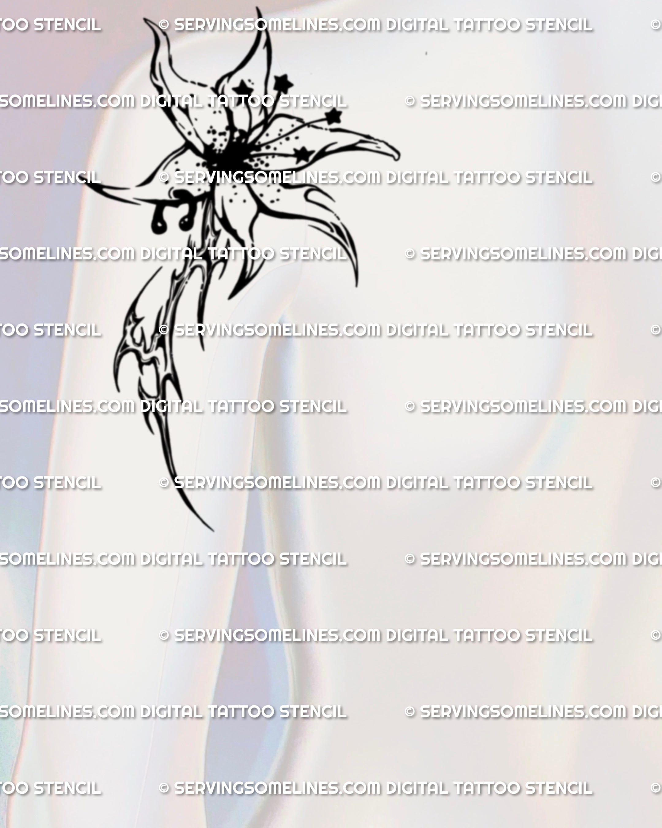 Gothic lily tattoo shown from back of upper arm to shoulder placement, cyber tribal flower stencil prepared for transfer.