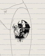 Gothic lovers tattoo on woman’s front thigh, angel and demon digital stencil design with dark romantic fantasy feel.