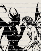 Blackwork devil and fairy lovers digital download tattoo stencil, symbolic gothic romance fantasy couple design