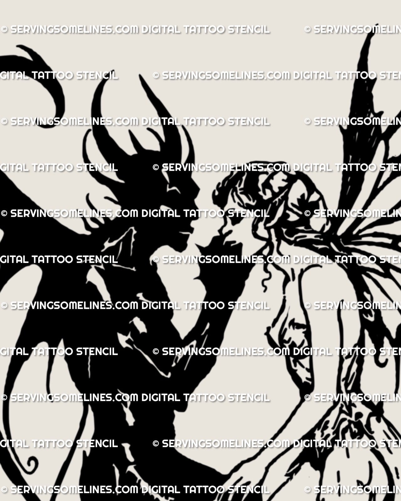 Blackwork devil and fairy lovers digital download tattoo stencil, symbolic gothic romance fantasy couple design