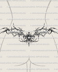 Gothic lower back tattoo shown on womens waist placement, with thorned framing, dark center detailing, and a wide side spread.