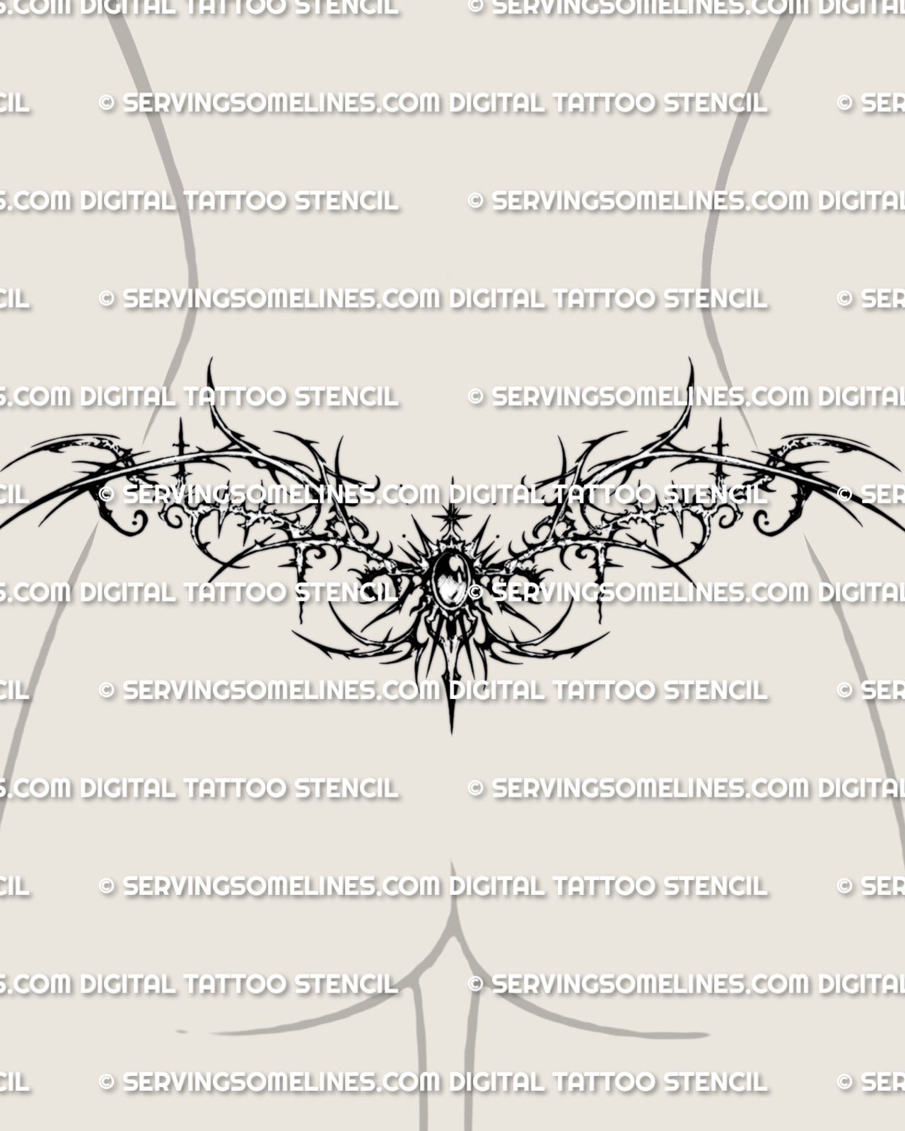 Gothic lower back tattoo shown on womens waist placement, with thorned framing, dark center detailing, and a wide side spread.