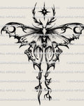 Gothic luna moth tattoo stencil download, long tails and sharp wing edges, clean silhouette for black and grey moth tattoos