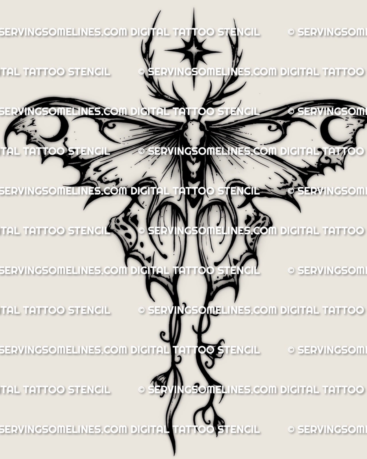 Gothic luna moth tattoo stencil download, long tails and sharp wing edges, clean silhouette for black and grey moth tattoos