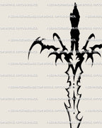Close digital preview of small gothic sword tattoo stencil, neo-tribal dagger linework, dark symmetrical artwork ready for tattoo stencil transfer. 