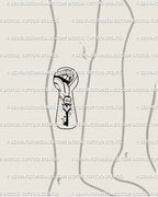 Clean linework tattoo of lips, tongue, and a symbolic key shown on the lower leg as a digital stencil preview with a tall keyhole style shape for vertical placement