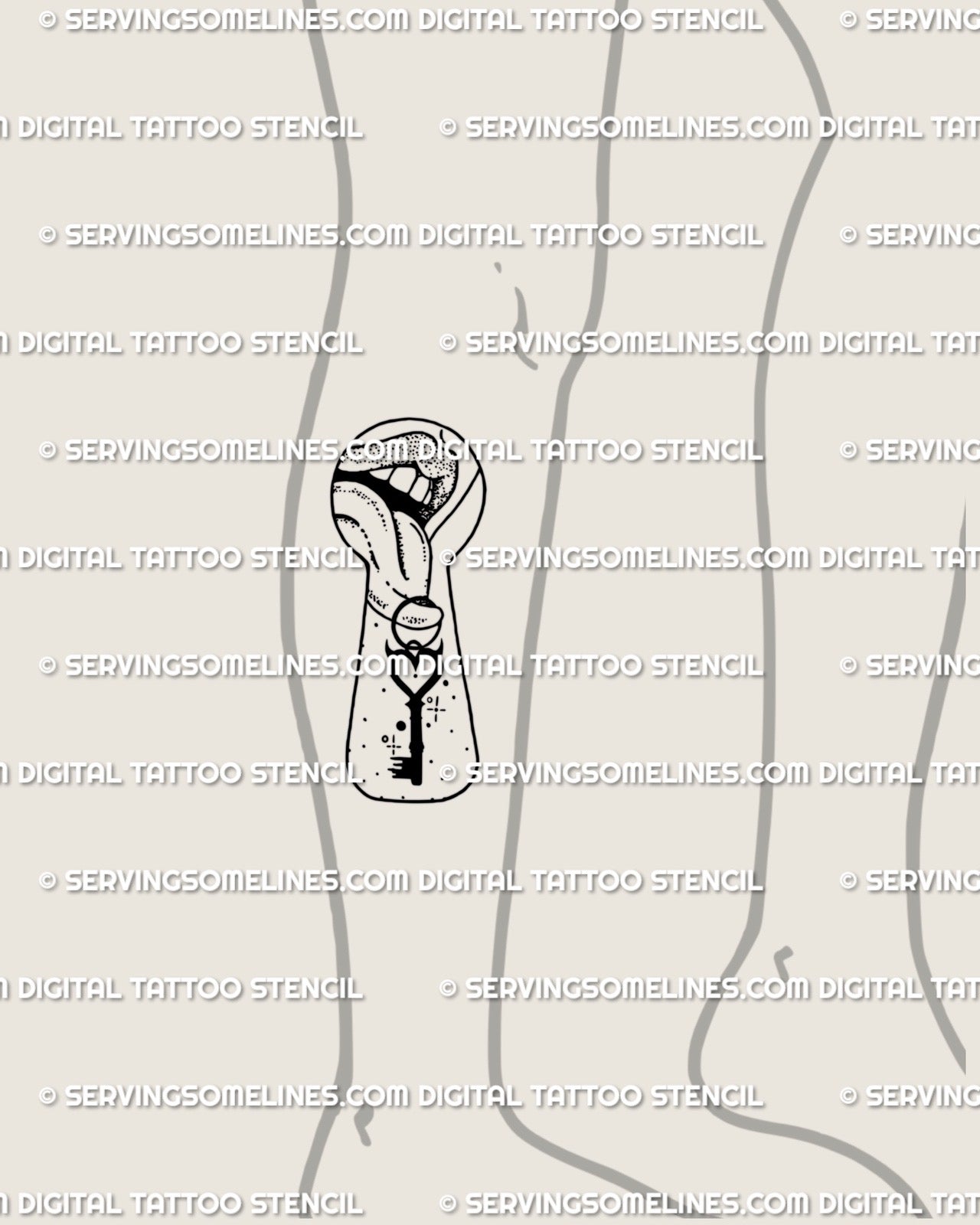 Clean linework tattoo of lips, tongue, and a symbolic key shown on the lower leg as a digital stencil preview with a tall keyhole style shape for vertical placement