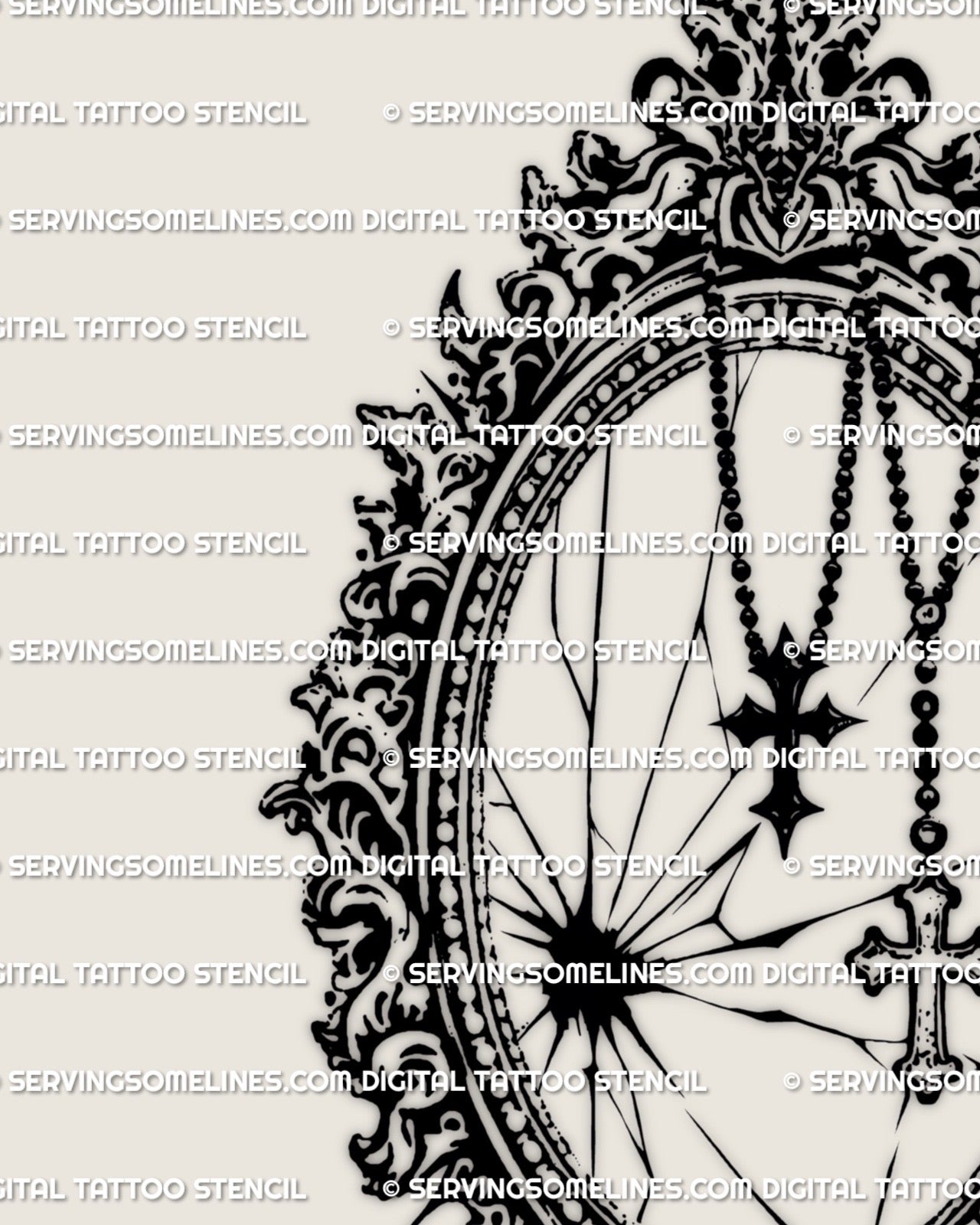 Gothic mirror cross tattoo stencil digital product with ornate baroque detailing, designed for clean stencil transfer and professional tattoo use
