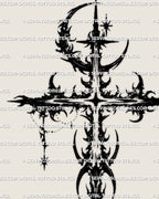 Gothic moon cross tattoo stencil featuring crescent moon and star details created as a printable tattoo stencil file.
