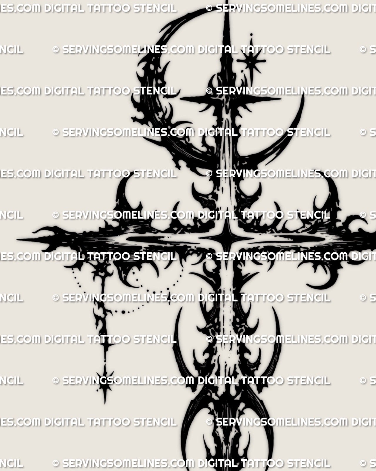 Gothic moon cross tattoo stencil featuring crescent moon and star details created as a printable tattoo stencil file.
