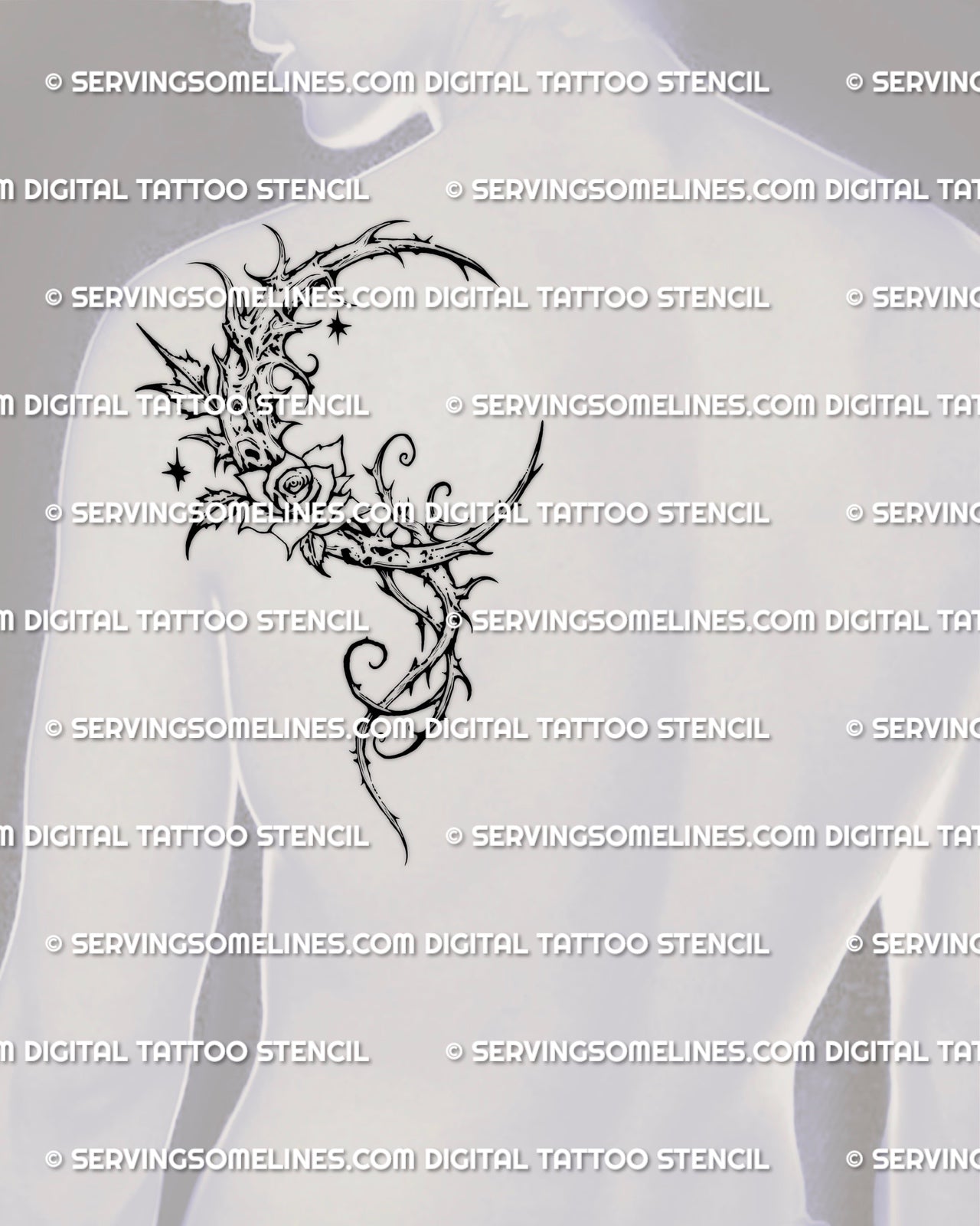 Gothic moon rose tattoo stencil shown on men’s shoulder placement, fine line crescent design suited for masculine gothic tattoos
