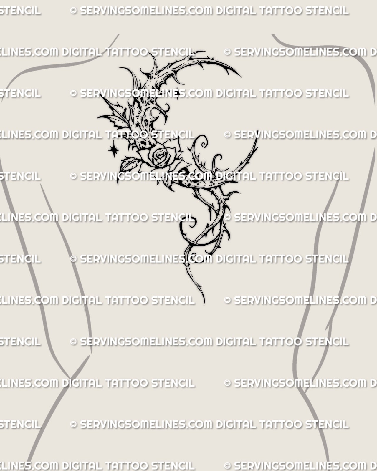 Gothic crescent moon rose tattoo shown on women’s upper back placement, fine line floral stencil design shaped for clean back tattoos