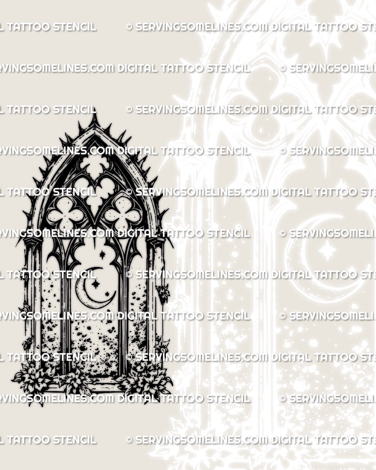 Gothic moon window tattoo stencil with ornamental tracery, floral accents, pointed frame, and dark cathedral style.