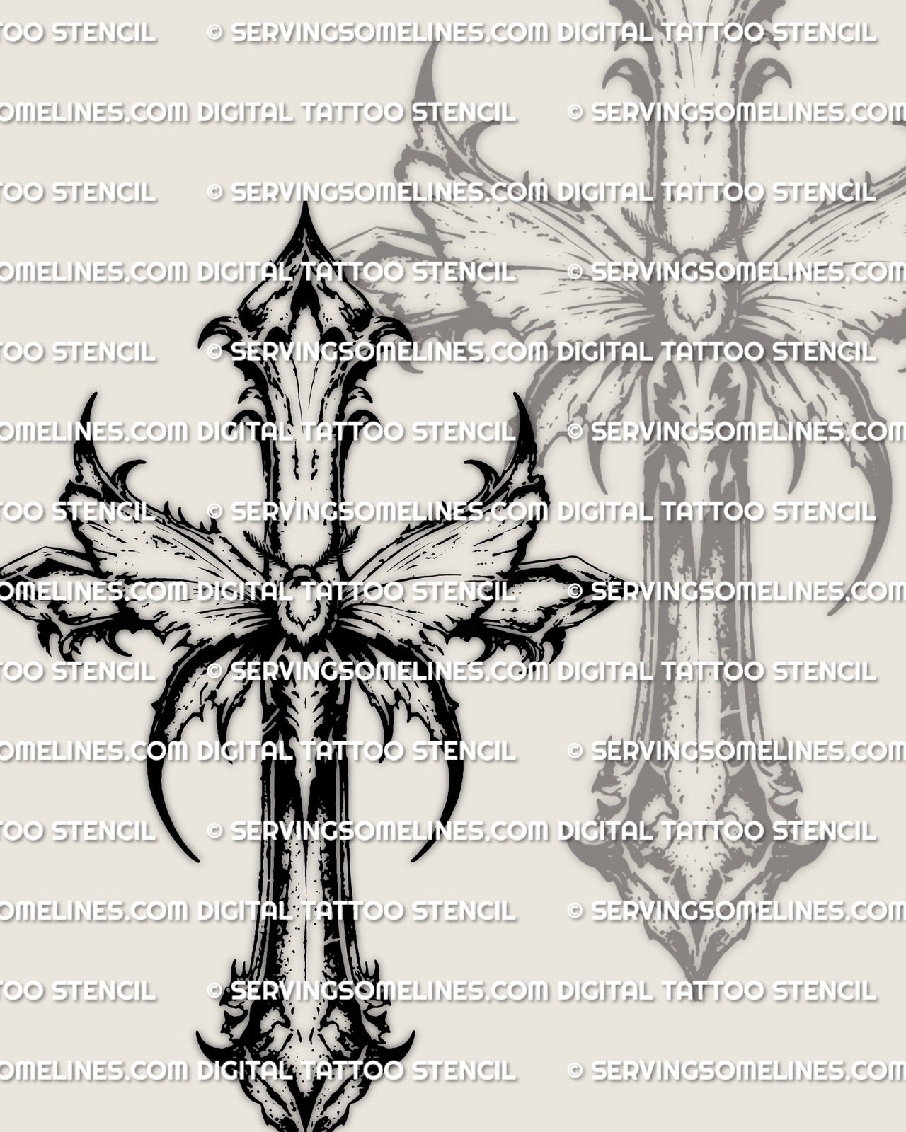 Gothic moth cross stencil download, moth cross tattoo stencil with pointed cross tips and wing details