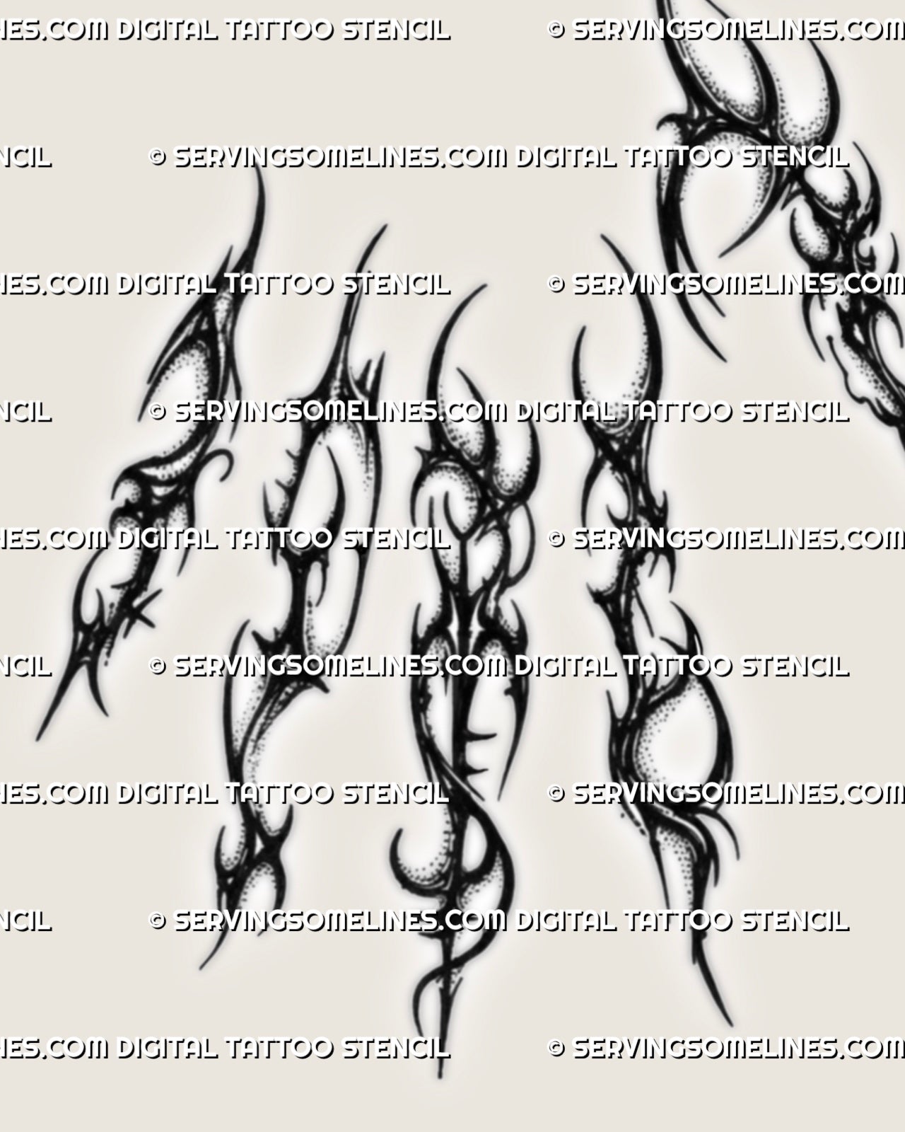 Gothic neotribal finger tattoo stencil set design download with separate finger pieces, pointed shapes, and printable files