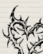 Gothic neotribal heart tattoo design with spiky thorn lines, bold blackwork stencil art perfect for arm, thigh, or chest placements.