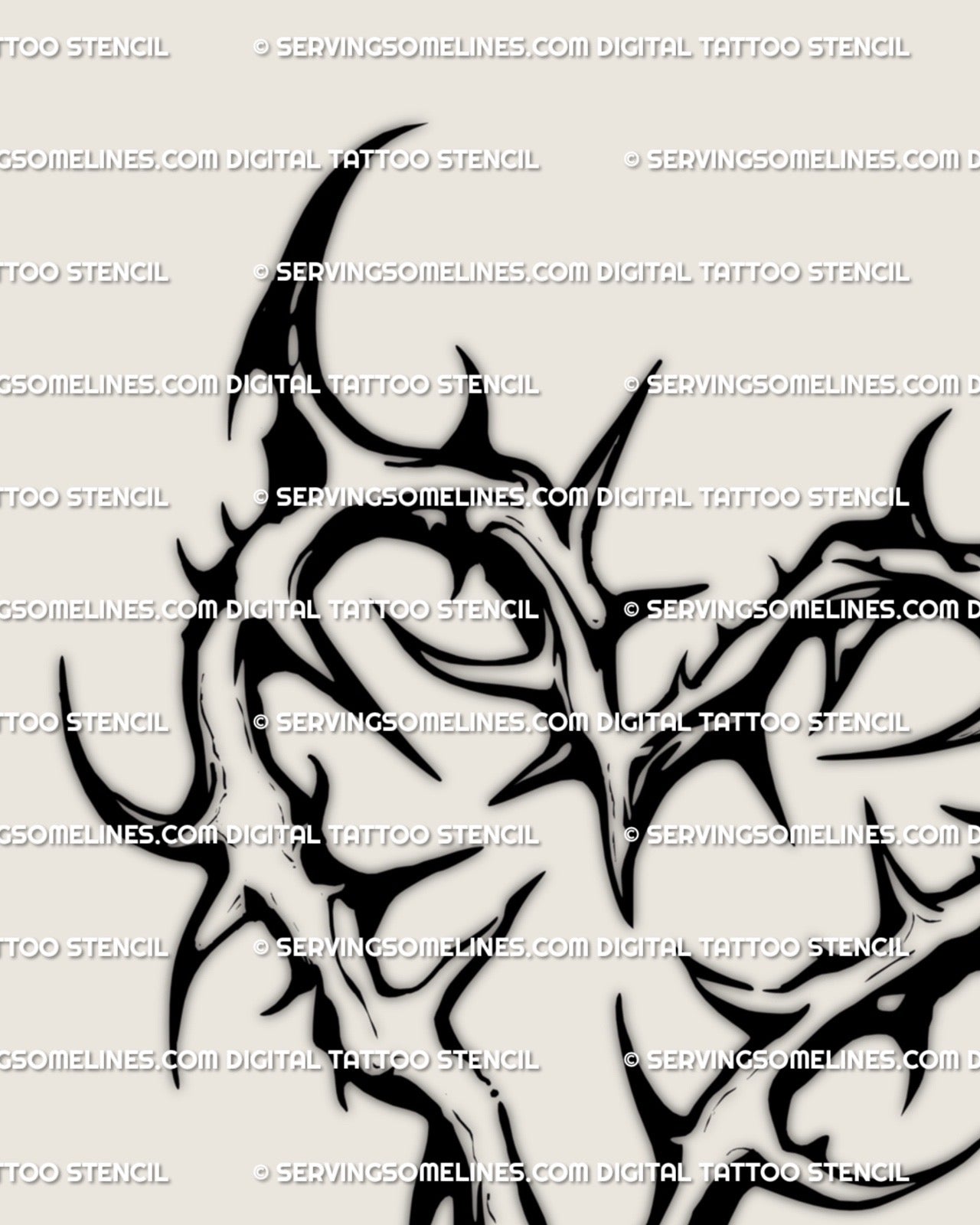 Gothic neotribal heart tattoo design with spiky thorn lines, bold blackwork stencil art perfect for arm, thigh, or chest placements.